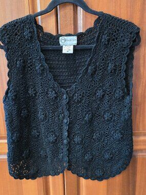 M Collection black crochet slevveless vest button up